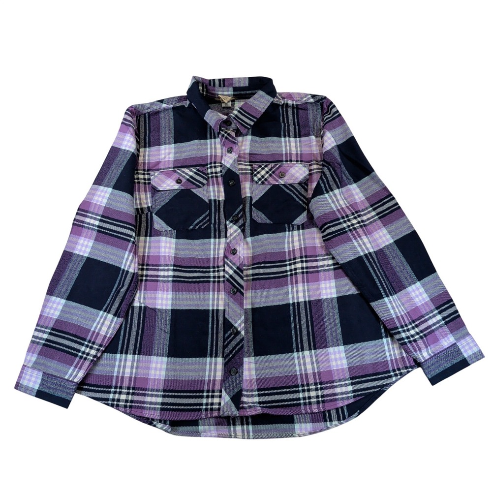 Duluth Trading Co Womens Folklore Flannel Shirt Purple Navy Plaid XXL 56461 WVP